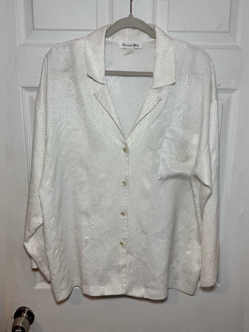 Christian Dior White Textured Satin Pajama Long Sleeve Top Women’s Large
